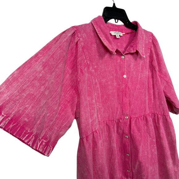 Umgee Washed Babydoll Dress 1X Pink Short Sleeve Button Front Cotton Boho - Picture 7 of 13